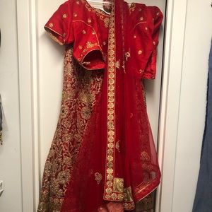 Lehenga skirt and red blouse